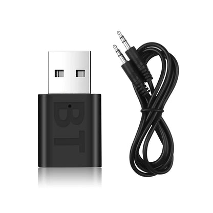Black usb bluetooth 5.0 receiver with silver connector and bt logo paired with black coiled 5mm aux jack for car music aux stereo audio adapter