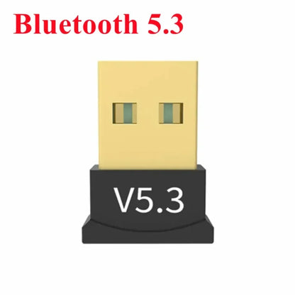 Gold-colored usb bluetooth 5.3 adapter with black base labeled v5.3 wireless usb adapter for pc and laptop audio bluetooth dongle