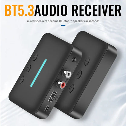 Black rectangular usb bluetooth 5.3 audio receiver with glowing teal light strip rca support for desktop speaker amp