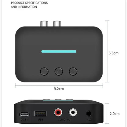 Black rectangular t88 bluetooth 5.3 audio receiver adapter with teal led strip and rca support for desktop speaker amp
