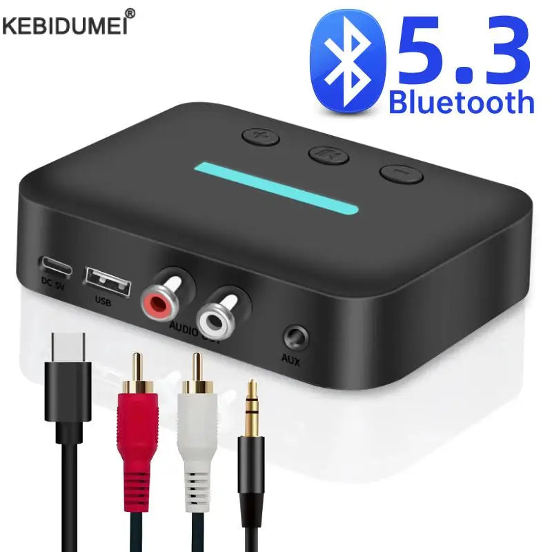 Black kebidumei t88 bluetooth 5.3 audio receiver adapter with teal led strip rca support for desktop speaker amp