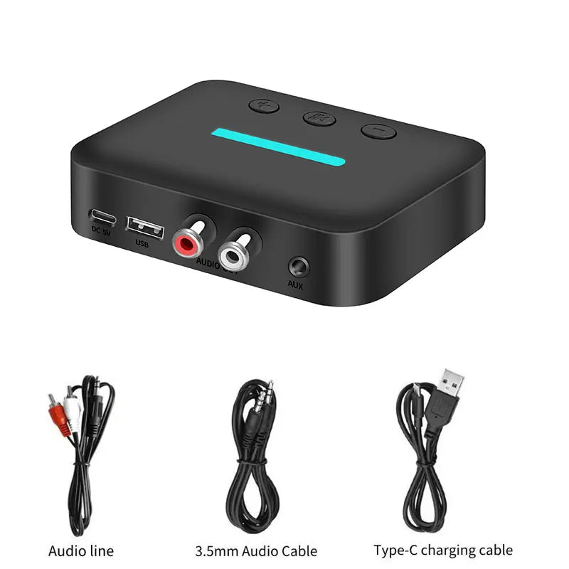 Black rectangular t88 bluetooth audio receiver adapter with teal led strip and rca support for desktop speaker amp backside view