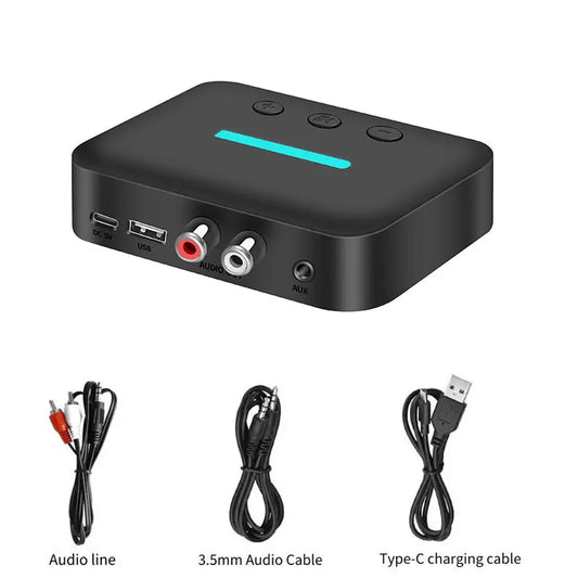 Black rectangular t88 bluetooth audio receiver adapter with teal led strip and rca support for desktop speaker amp backside view