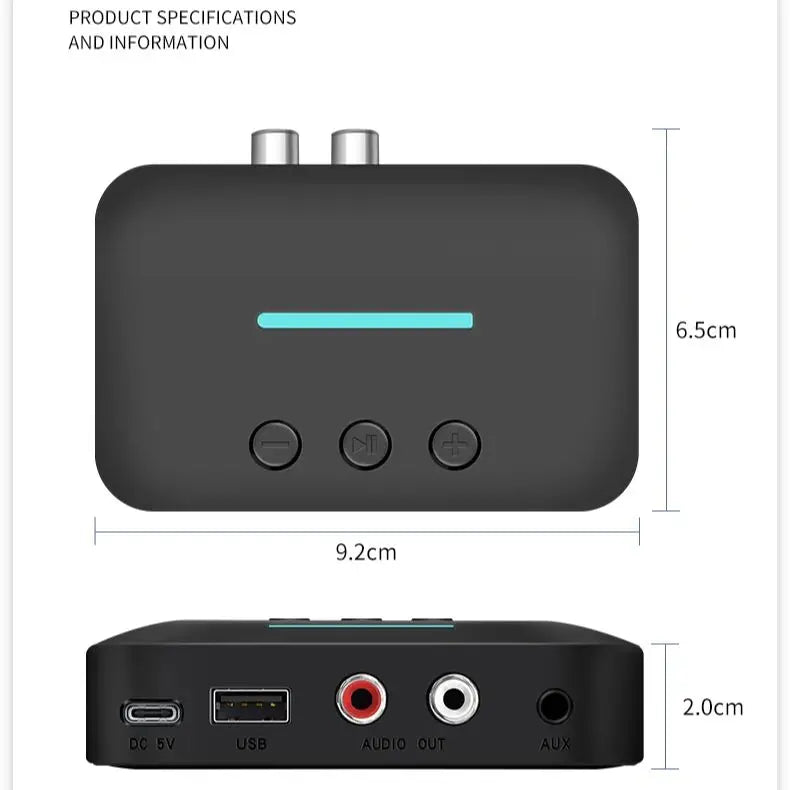 Black rectangular usb t88 bluetooth 5.3 audio receiver adapter with teal led, control buttons, rca support for desktop speaker amp