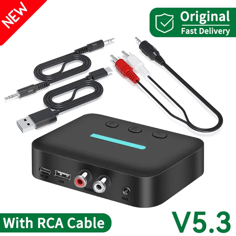 Black rectangular usb bluetooth 5.3 audio receiver adapter wireless with teal light strip and rca support u-disk ports back side