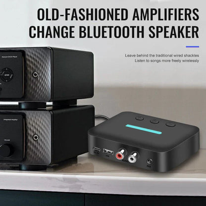 Black rectangular bluetooth 5.3 receiver adapter wireless with glowing teal light strip and rca support u-disk ports view back