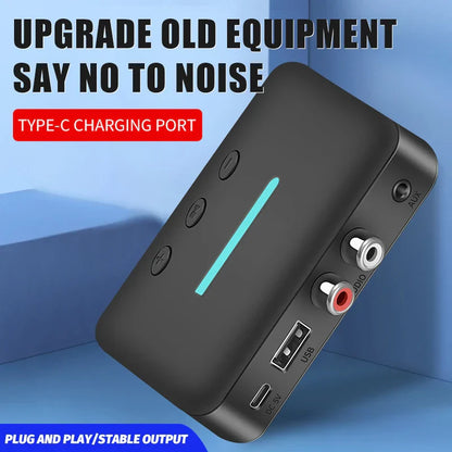 Black rectangular usb bluetooth 5.3 audio receiver adapter wireless with glowing teal light strip and rca support u-disk ports