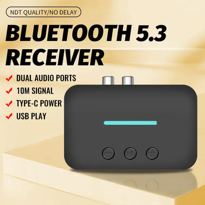 Black rectangular usb bluetooth 5.3 receiver adapter wireless with dual audio ports rca support u-disk for desktop speaker amp
