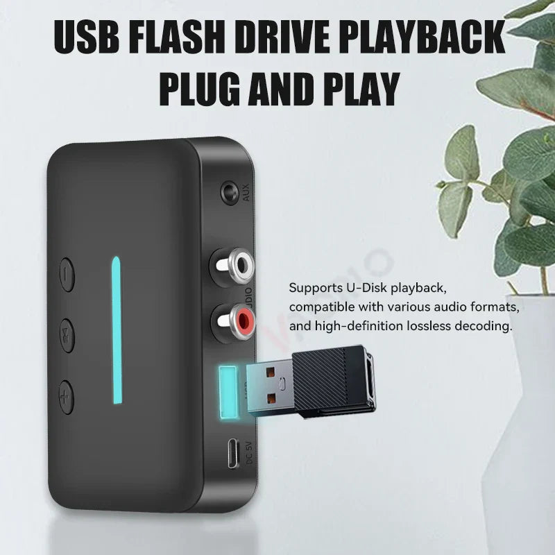Black usb bluetooth 5.3 audio receiver adapter with textured matte finish and glowing blue led for desktop speaker amp rca support u-disk