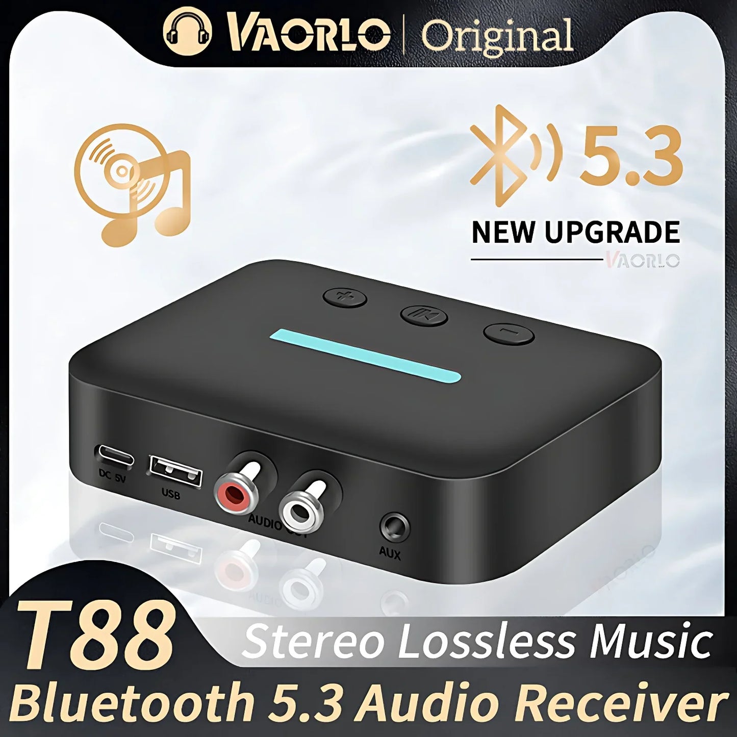 Black vaorlo t88 bluetooth 5.3 receiver adapter wireless with teal accent strip and rca support u-disk for desktop speaker amp