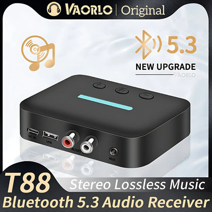 Black vaorlo t88 bluetooth 5.3 receiver adapter wireless with teal accent strip and rca support u-disk for desktop speaker amp