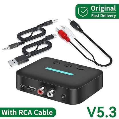 Black rectangular usb bluetooth 5.3 receiver adapter wireless with teal light strip showing rca support u-disk ports for desktop speaker amp