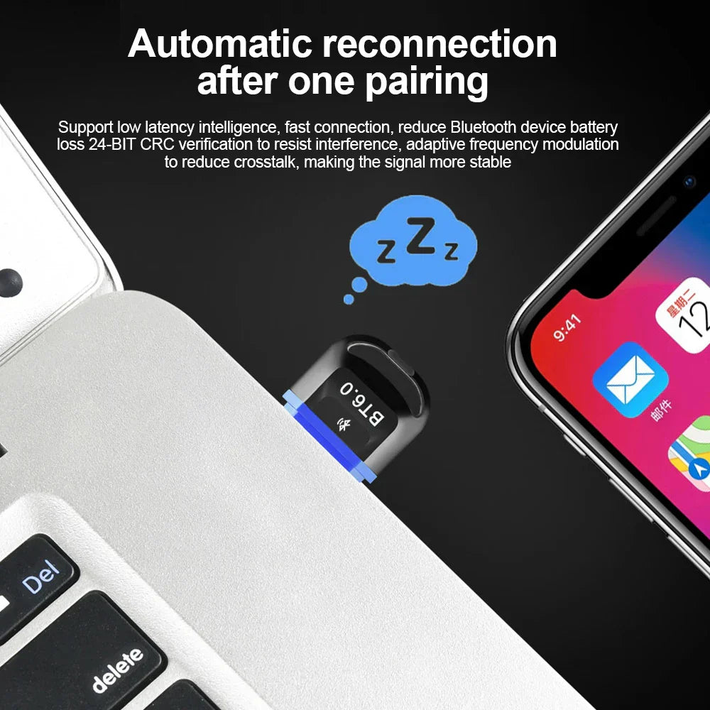Black and blue USB Bluetooth 6.0 adapter transmitter receiver dongle wireless USB for seamless keyboard speaker music connectivity