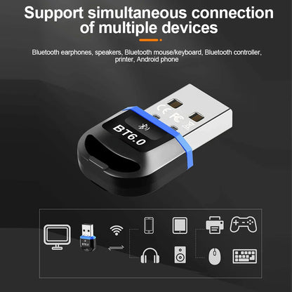 Black and silver usb bluetooth 6.0 adapter transmitter receiver with blue strap for dongle wireless usb keyboard speaker music use