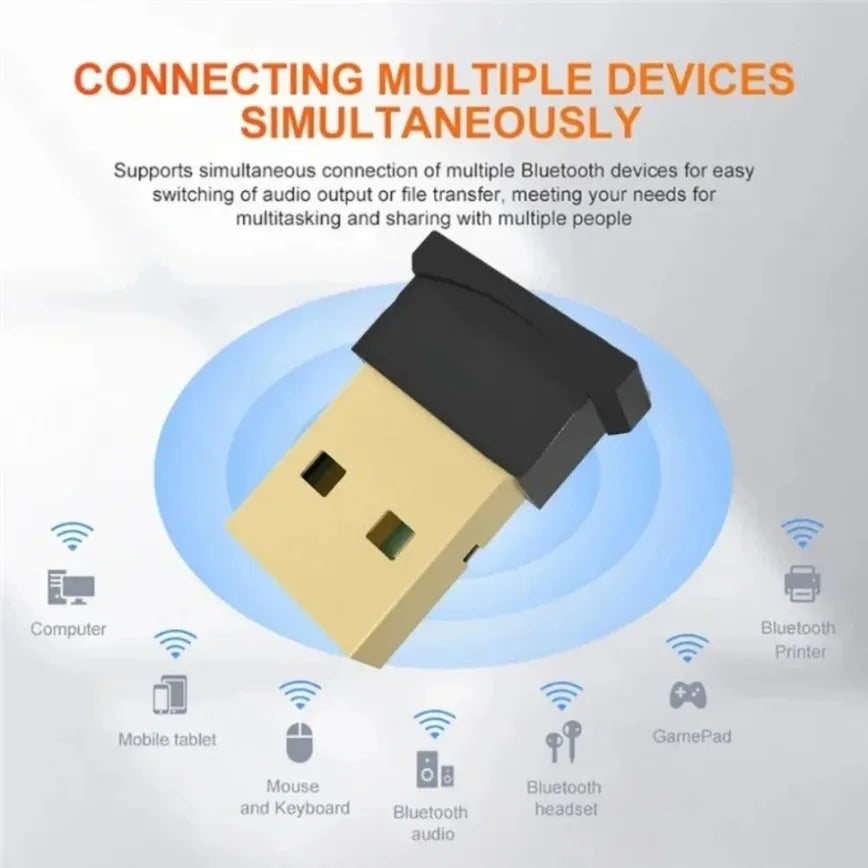 Black and gold usb bluetooth adapter designed for simultaneous connection as a speaker audio receiver transmitter