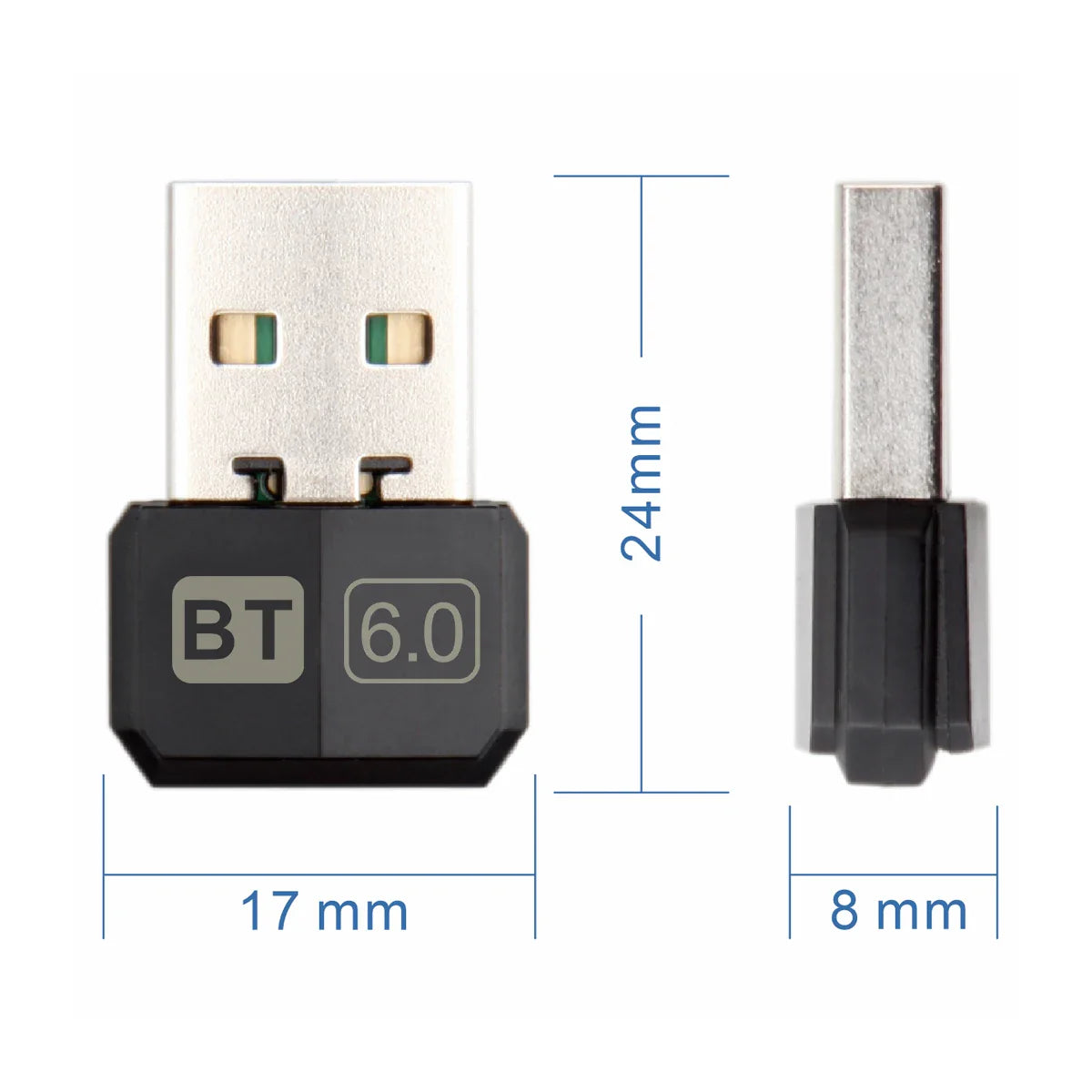 Black usb bluetooth adapter with silver metallic connector and bt 6.0 label supporting bluetooth low energy for pc use