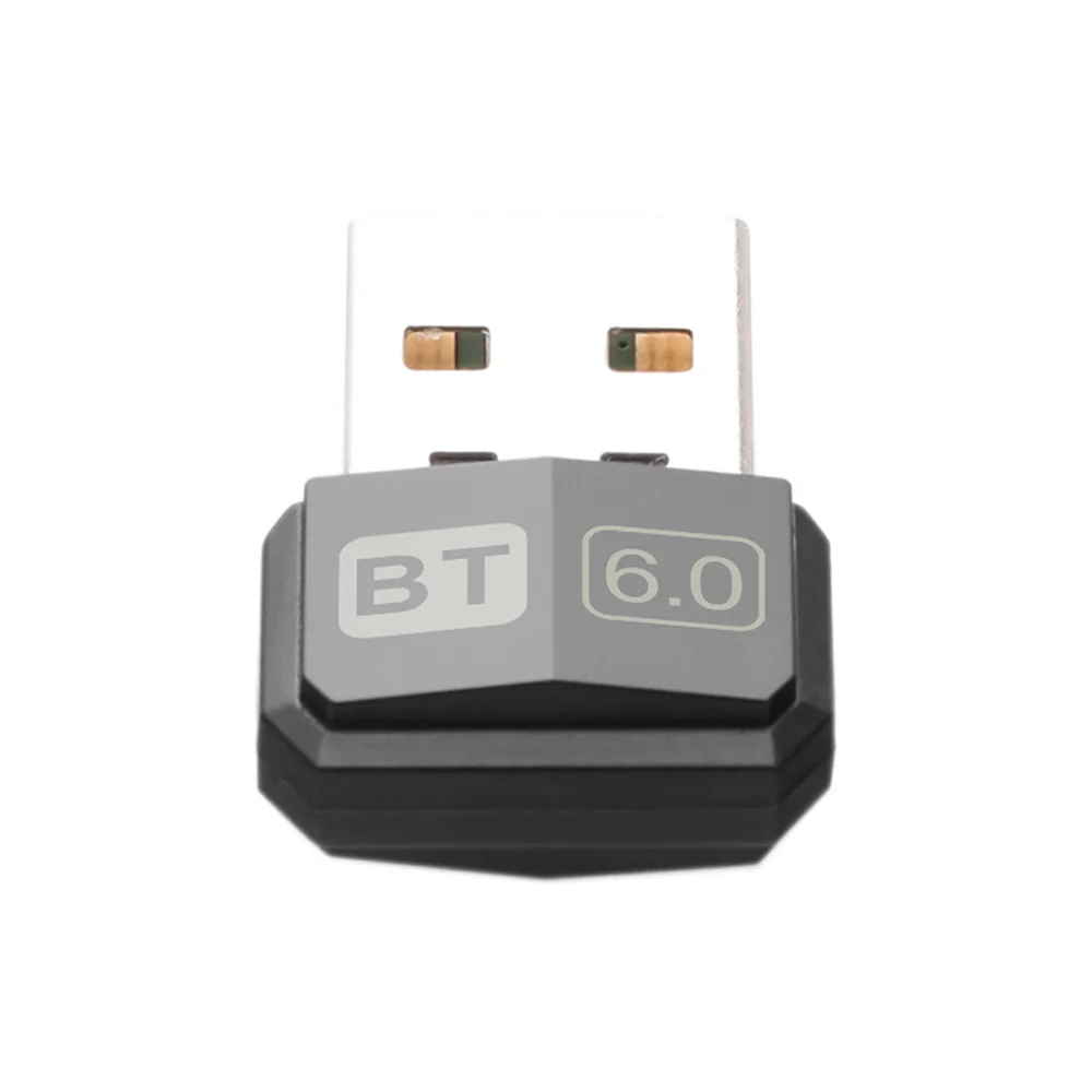 Black usb bluetooth 6.0 adapter with sleek octagonal design and metallic contacts supports bluetooth low energy for pc use