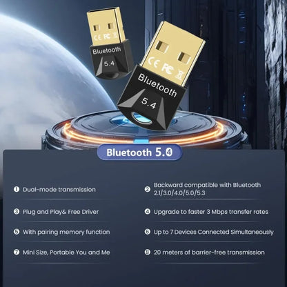 Gold-plated usb bluetooth 5.4 dongle receiver with black plastic body and white text on a futuristic space platform with transmission distance