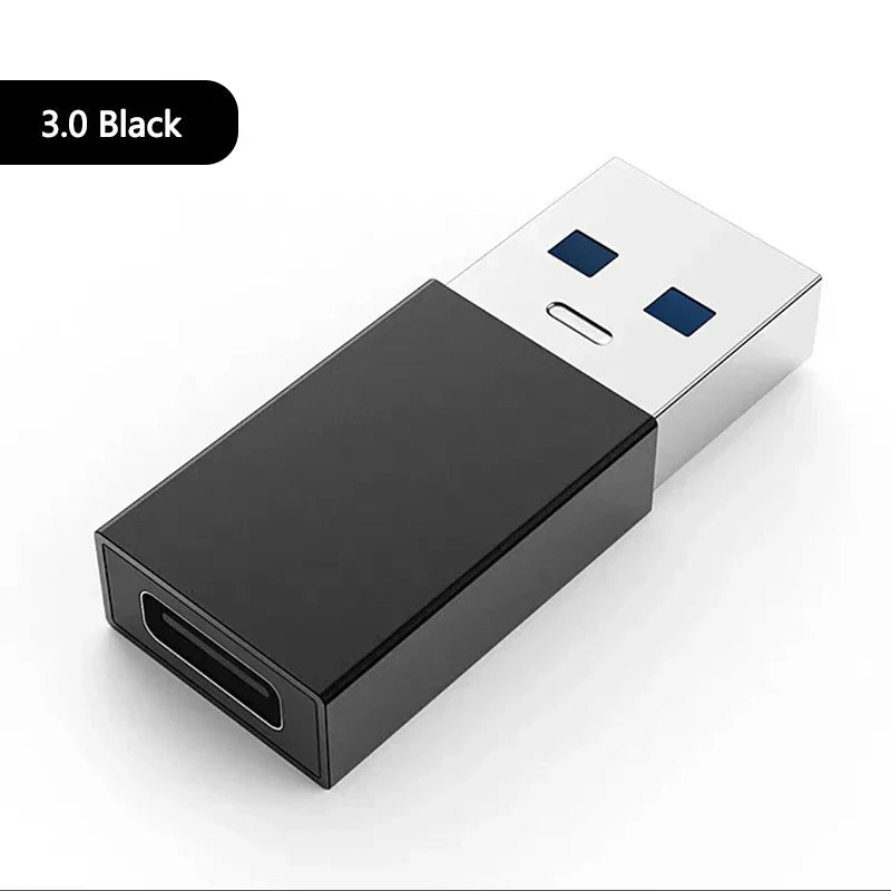Black usb c converter adapter with silver connector blue indicator lights and female usb type-c port for laptops and mobiles