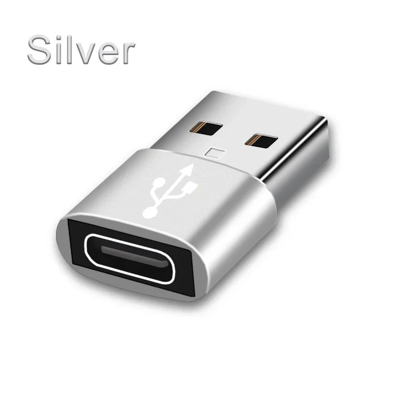 Silver usb c converter with metallic finish and engraved usb symbol type-c converter for female usb connection