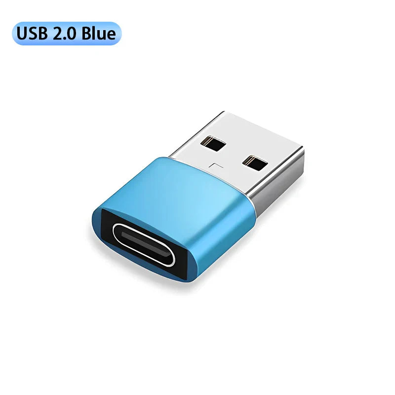 Blue usb c converter with metallic silver usb 2.0 connector and black female usb type-c port for pc laptops