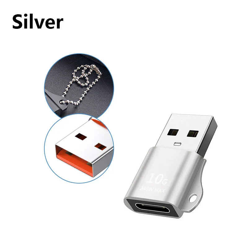 Silver usb c converter with sleek metallic finish orange interior and ball chain female usb type-c converter for laptops