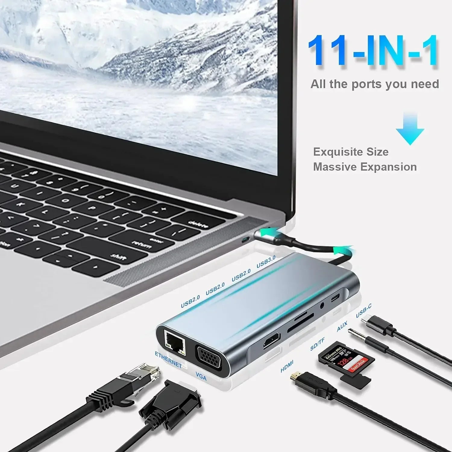 Silver usb c hub adapter dongle with hdmi vga type ports and card readers for macbook pro air m1 ipad connectivity