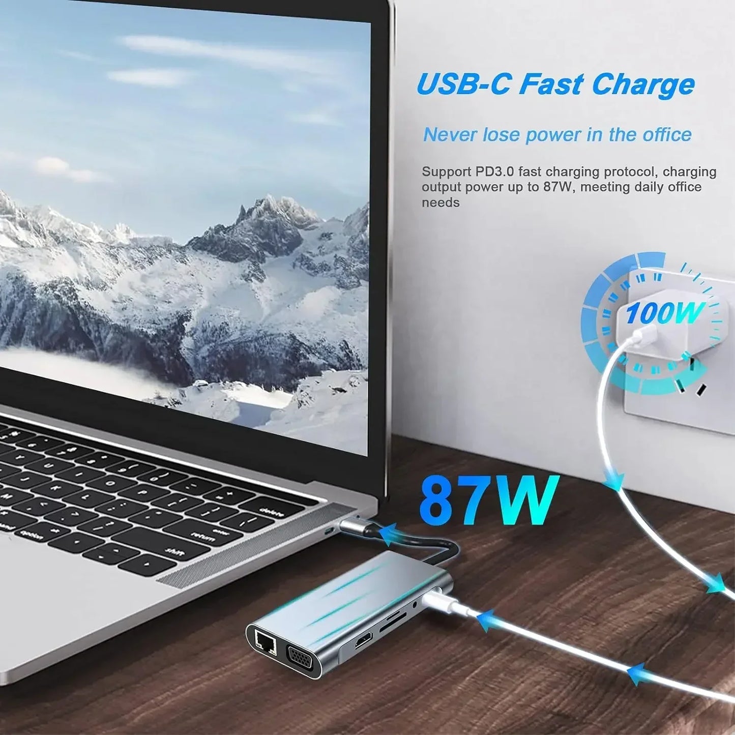 Silver usb c hub adapter dongle with hdmi vga type c pd rj45 sd tf ports for fast charging and connectivity