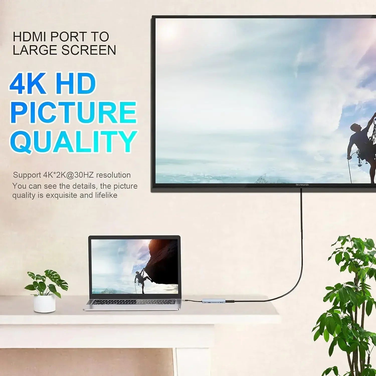 A sleek silver usb c hub adapter dongle with hdmi vga type ports connects macbook to 4k large screen display