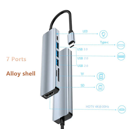 Silver alloy shell usb c hub splitter with 7 ports including type-c usb and sd tf slots for hdtv type-c use