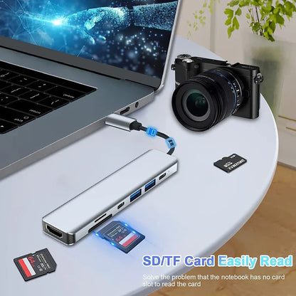 Silver aluminum usb c hub splitter with multiple ports sd tf slots for type-c usb hdtv type-c use on macbook ipad