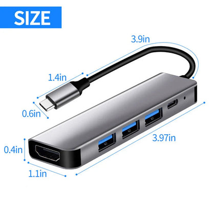 Silver metallic hdtv type-c usb 3.0 hub with hdmi port and three usb-a ports for type-c usb devices