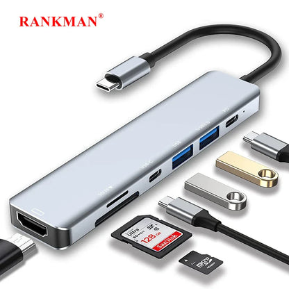 Silver type-c usb hub splitter with multiple ports and curved cable compatible with hdtv type-c usb devices