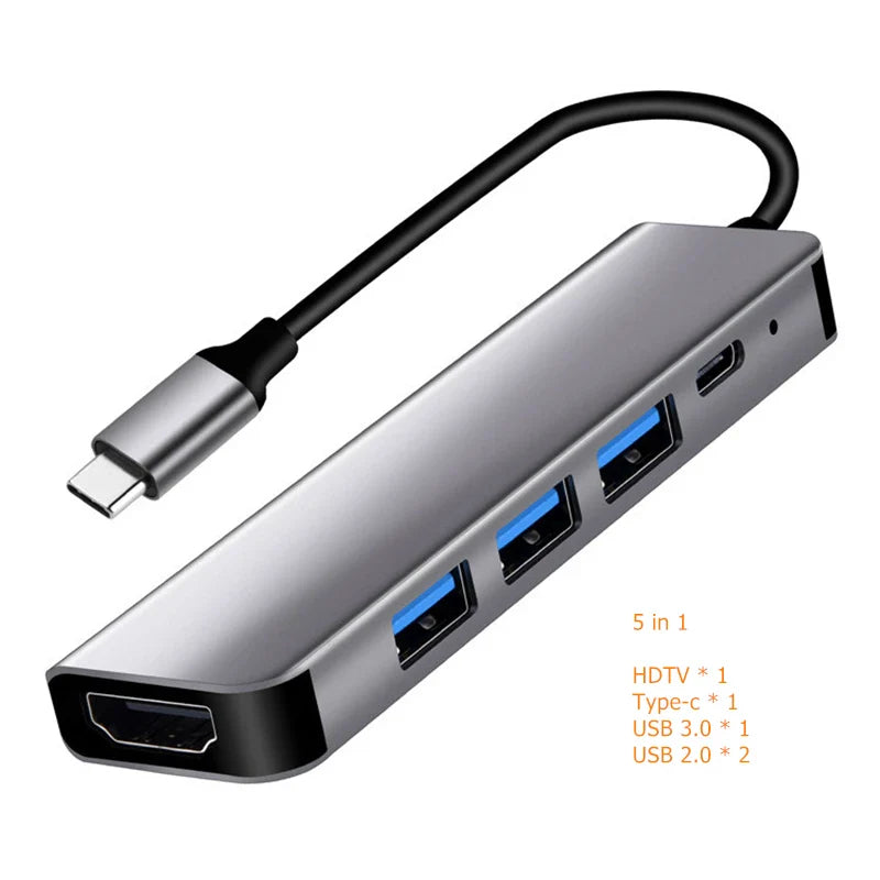 Silver 5-in-1 type-c usb hub with matte finish featuring hdmi hdtv type-c usb ports and black cable for laptops