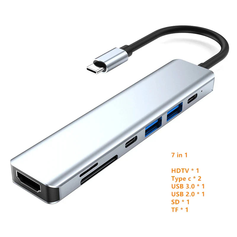Silver 7-in-1 type-c usb hub with metallic finish featuring usb 3.0 ports and hdtv type-c hdmi for seamless connectivity