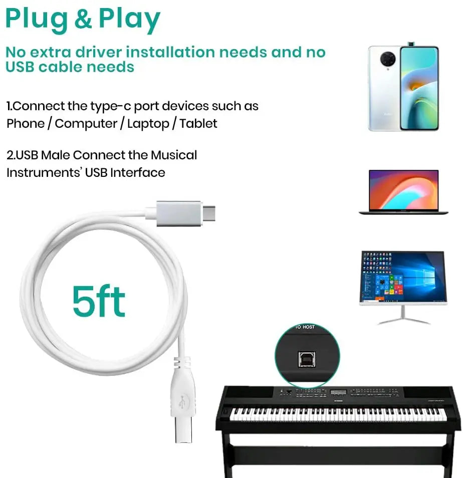 A 5-foot white usb C to usb A cable with silver connectors for midi controller keyboard and electronic music instrument use