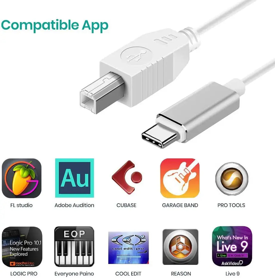 White usb-c to usb-b adapter cable for midi controller keyboard and keyboard audio interface electronic music instrument use