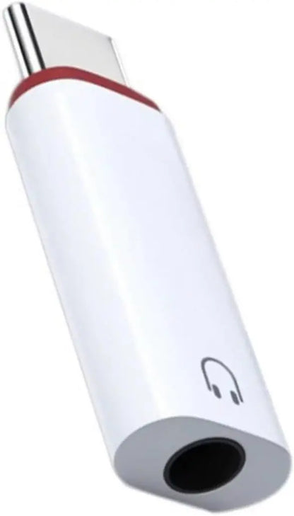 White usb c to 3.5mm earphone adapter with red accent ring and headphone icon for usb c audio devices and 5mm headphone connector