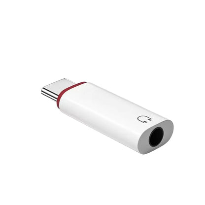 White usb c to 3.5mm earphone adapter with red accent and headphone icon for usb c audio and 5mm headphone connector use