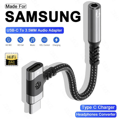Black and silver braided usb c audio adapter with 3.5mm jack aux audio headphone cable for samsung devices