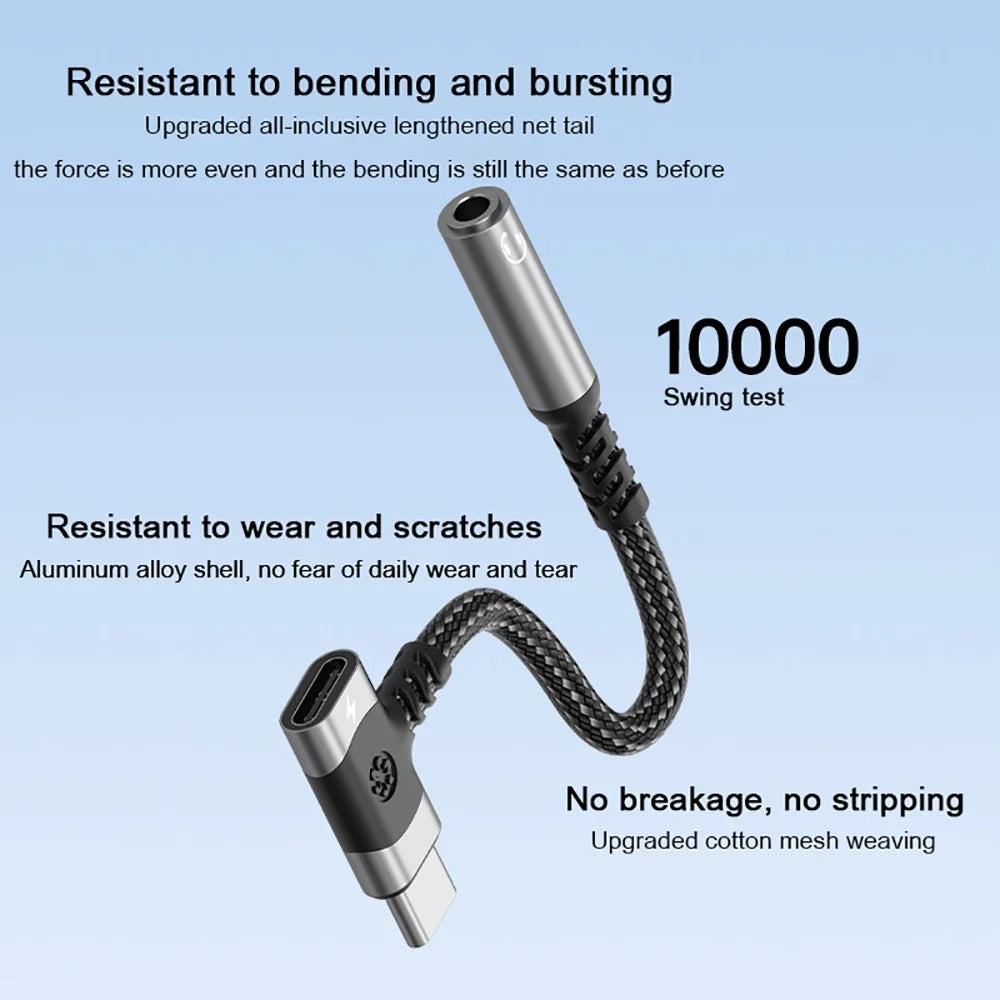 Silver aluminum alloy usb c to 3.5mm jack aux audio adapter with black braided headphone cable and reinforced connectors