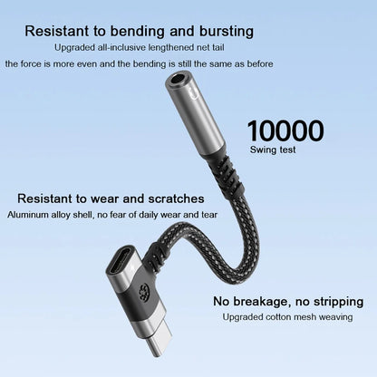 Silver aluminum alloy usb c to 3.5mm jack aux audio adapter with black braided headphone cable and reinforced connectors