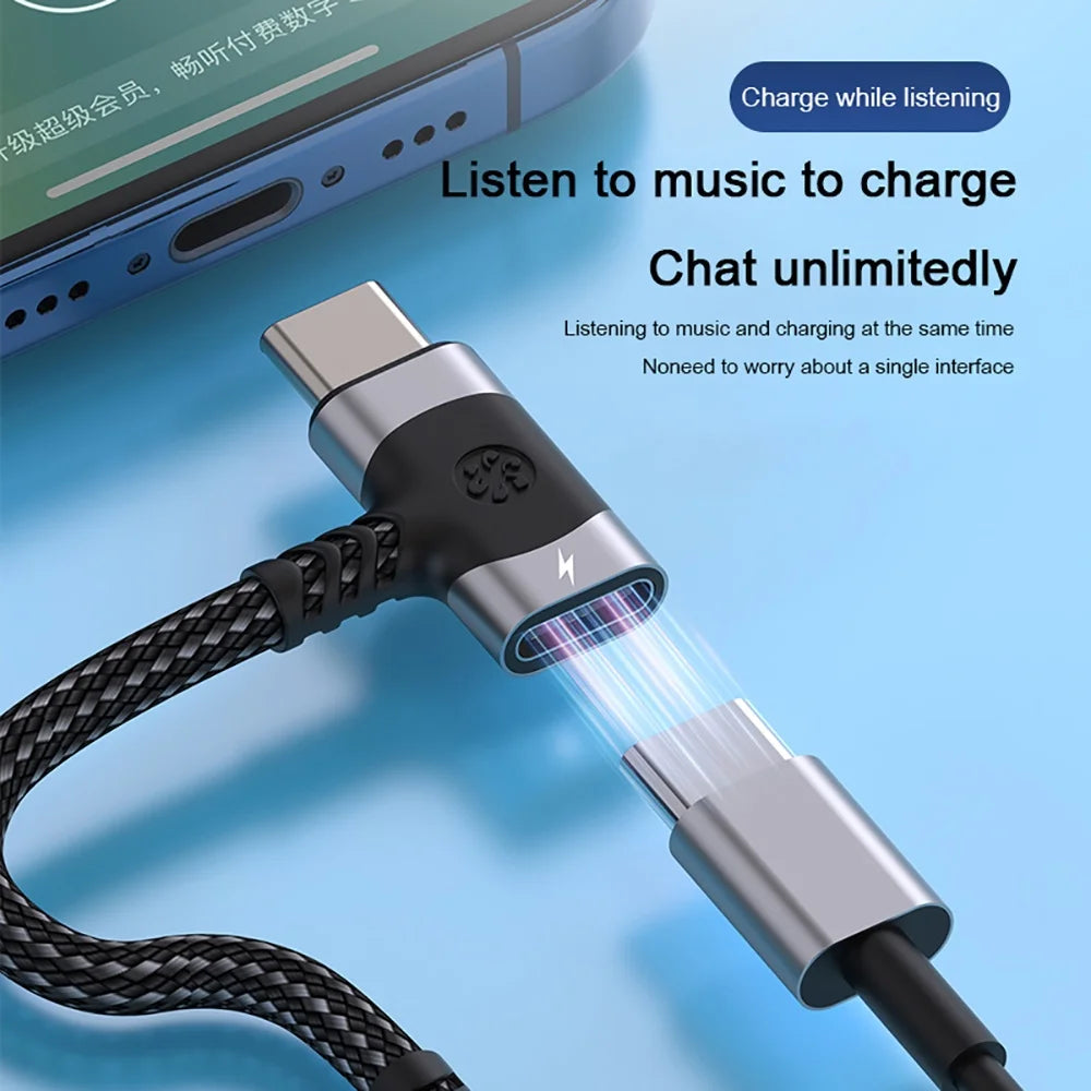 A sleek black and silver braided usb c headphone cable audio adapter with jack aux audio for charging and music playback