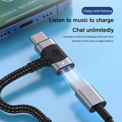 A sleek black and silver braided usb c headphone cable audio adapter with jack aux audio for charging and music playback
