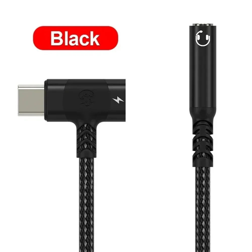 Black braided usb c to 3.5mm jack aux audio adapter with lightning bolt and smiley face logo headphone cable converter