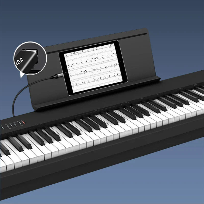 Black digital piano with integrated tablet stand and usb c to usb b 2.0 adapter for midi controller data transfer and canon printer scanner use