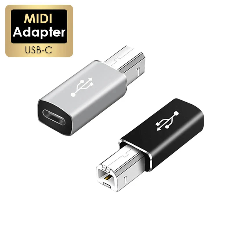 Silver and black usb c to usb b 2.0 adapter with metallic contacts for midi controller data transfer and canon printer scanner