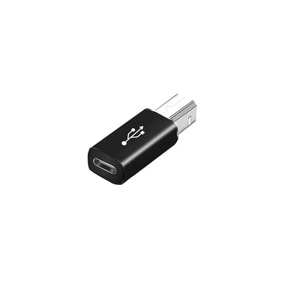Black USB C to micro USB adapter with metallic contacts for controller data transfer with Canon printer scanner and midi controller data