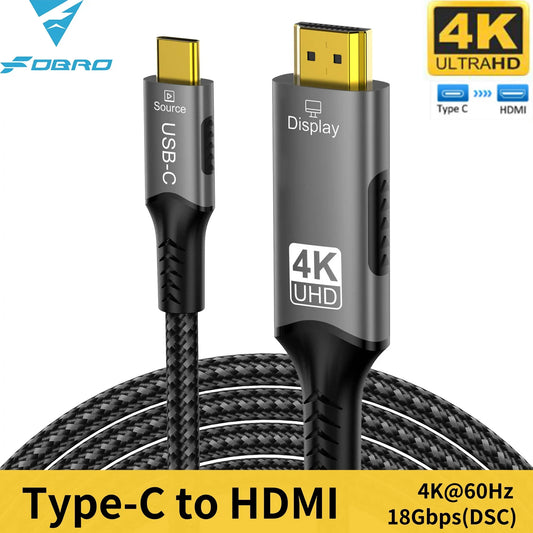 Black braided usb-c hdmi adapter cable 8k 60hz with gold-plated connectors and gray metallic housing for 4k 120hz use