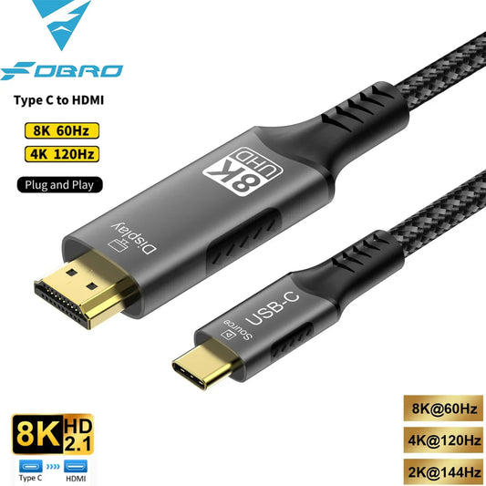 Black braided fobro usb-c hdmi adapter cable 8k 60hz with gold-plated connectors and usb-c to hdmi adapter